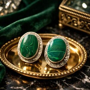 Vintage Taxco Sterling Silver Malachite Clip Earrings – Mid Century Mexico
